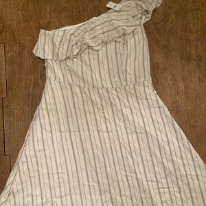 Ann Taylor One Shoulder Ruffled Neckline 
Striped Black and White Dress